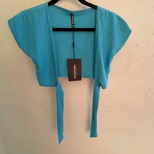 PrettyLittleThing Blue Cap Sleeve Tie Front Crop Blouse